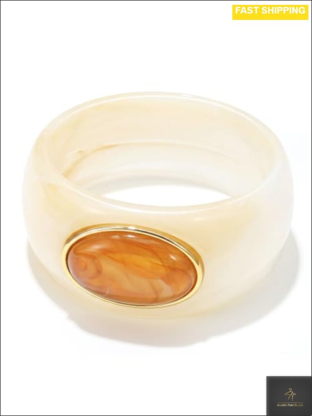Chunky Marbled Acrylic Bangle Bracelet Wide Statement Cuff Faux Jade Gold Bezel